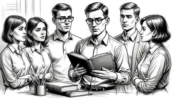 Ilustração em preto e branco de um grupo de cientistas e pesquisadores examinando atentamente um livro antigo, concentrados em seu conteúdo. (Legenda gerada por IA)