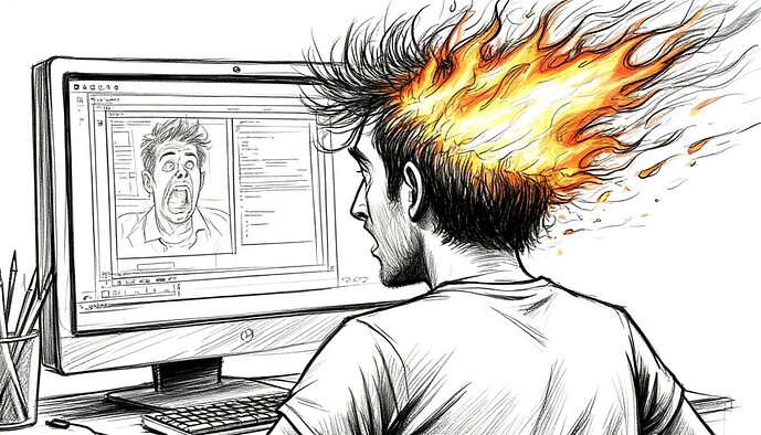 Persona rodeada de llamas de ira y decepción, mirando la pantalla del ordenador con una imagen de una persona gritando. (Firma de la imagen generada por IA)