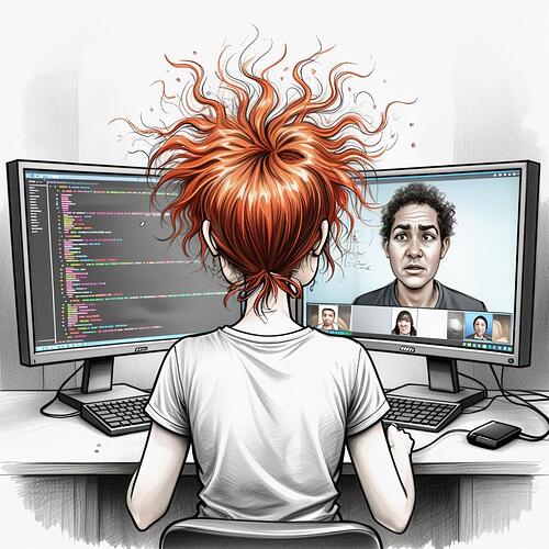 Programmatrice confusa e stanca con i capelli scompigliati, che guarda preoccupata lo schermo del computer dove compare un interlocutore allarmato. (Didascalia dell'immagine generata dall'AI)