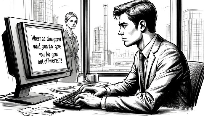 Hombre abatido trabajando en una computadora, mirando un mensaje de una mujer que expresa su decepción en la situación. (Firma de la imagen generada por IA) | 689x394