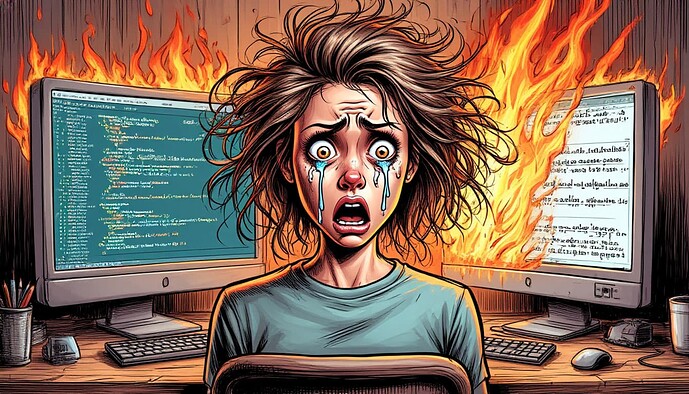 공포에 찬 여성이 울며 타격받은 컴퓨터를 두려워하며 바라보는 모습. (AI가 제공한 이미지 캡션)