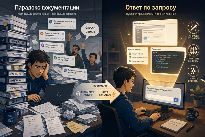 Image illustrating the transition from overloaded documentation causing confusion to an effective solution through queries and contextual support. (Image caption by AI)
