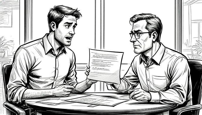 Два человека сидят за столом, один из них показывает документ другому с удивленным выражением лица. (Подпись к изображению от AI)