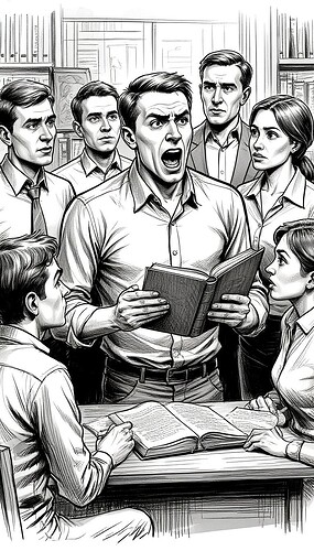 Gruppe von Menschen in einer Bibliothek mit ausdrucksstarkem Erstaunen und Schock, die auf ein geöffnetes Buch schauen. (Bildunterschrift von AI)