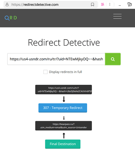 En la pantalla de la página web del servicio Redirect Detective se muestra información sobre la redirección del URL, indicando una redirección temporal y el destino final. (Firma de la imagen generada por IA)