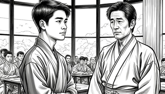 Un uomo anziano e un giovane uomo stanno di fronte l'uno all'altro in una classe, probabilmente durante un serio colloquio. (Didascalia fornita dall'AI)