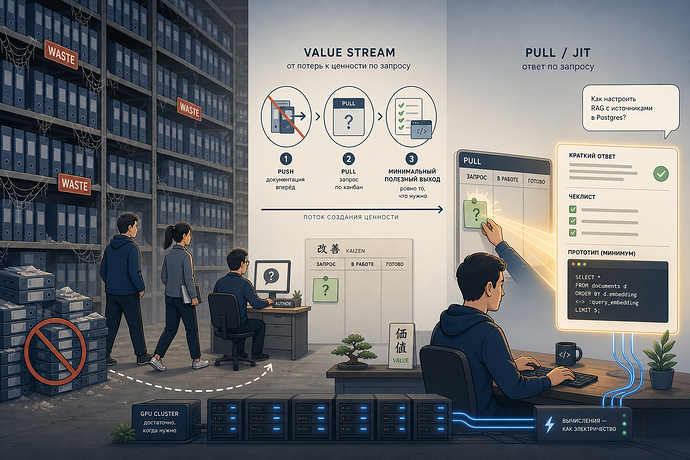 Illustration depicting the concept of value creation in Agile and Lean methodologies, where employees work in an office with workflow management systems, while in the background are tangled archives labeled as "waste." (Image caption by AI)