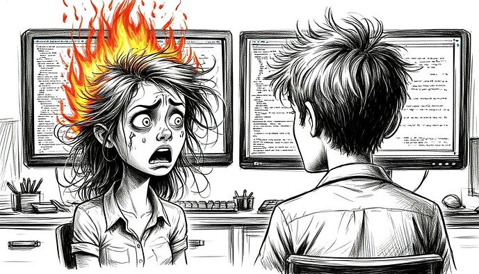 На девушке над головой горит огонь, символизируя технический сбой или неудачу в работе. (Подпись к изображению от AI)