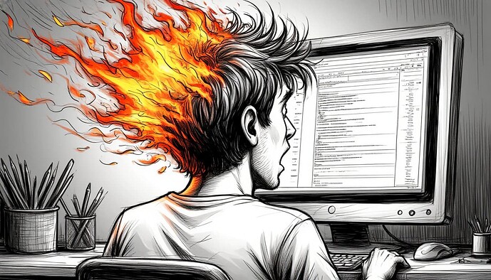 Imagem mostra uma pessoa cuja cabeça está em chamas, sentada diante de um computador e provavelmente trabalhando até exaustão. (Legenda da imagem gerada por IA)