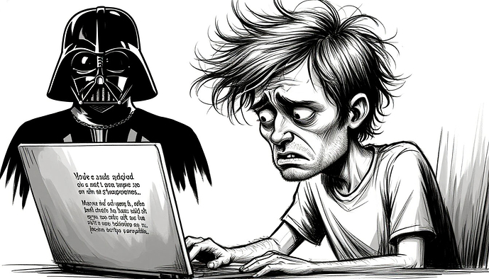 Панически испуганный человек сидит за ноутбуком, на экране которого отображается сообщение от Дарта Вейдера, и выглядит как будто его пугает нечто, что он только что написал или увидел. (Подпись к изображению от AI)