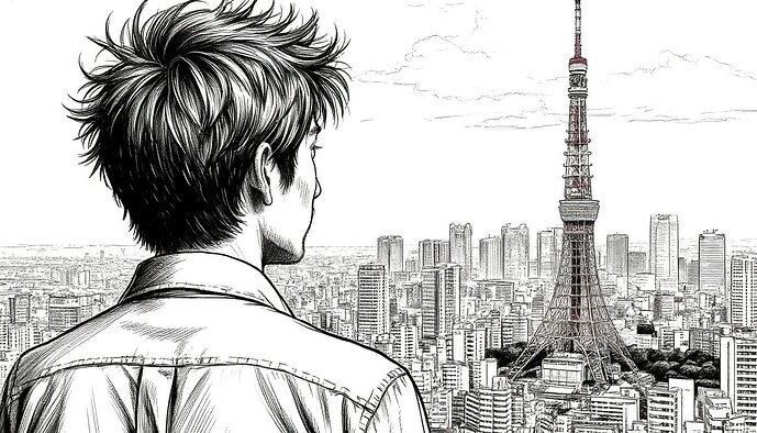 Взгляд молодого человека, смотрящего на панорамный вид Токио с башенной вышкой Tokyo Tower на заднем плане. (Подпись к изображению от AI)