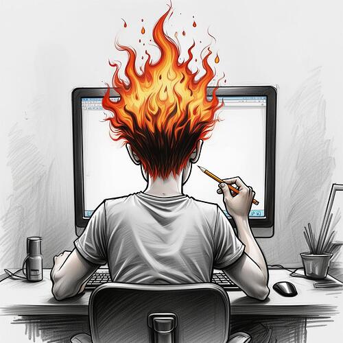 Sur l'image, une personne dont la tête brûle de flammes est assise devant un ordinateur et dessine avec un crayon, symbolisant un blocage créatif ou un épuisement professionnel. (Caption généré par IA) | 500x500