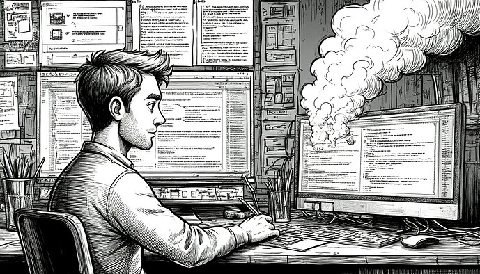 Молодой человек сидит за столом, окруженный множеством экранов с кодом, в то время как из компьютера поднимается столб дыма. (Подпись к изображению от AI)