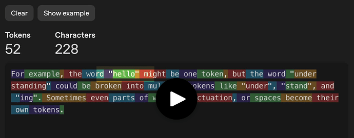 A imagem mostra a interface com um exemplo de divisão de texto em tokens, onde palavras e até partes de palavras podem ser consideradas tokens separados, e no centro há um ícone de reprodução. (Legenda da imagem gerada pela IA)