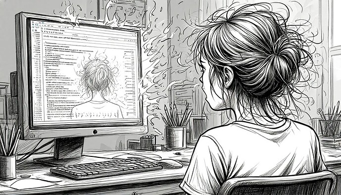 Sullo schermo del computer è raffigurata una testa che brucia, simbolo dello stress e dell'esaurimento, mentre la ragazza seduta davanti a esso appare depressa e esausta. (Didascalia generata dall'AI)