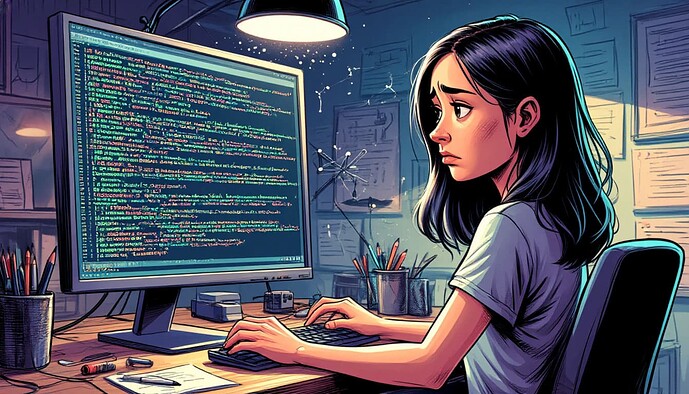 疲惫的女程序员熬夜调试复杂代码，神情焦虑而疲惫。（AI生成图片的注释）