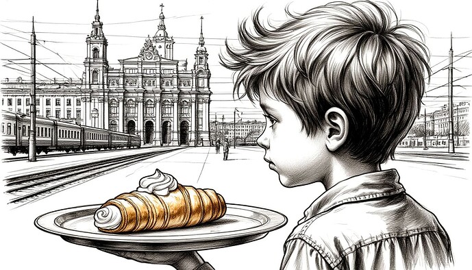 Enfant avec un regard pensif tenant un plateau avec un croissant, observant le train qui approche devant un imposant bâtiment. (Signature de l’image générée par l’IA) | 689x394